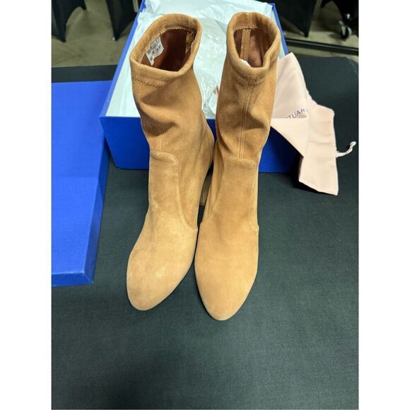 Stuart Weitzman Flareblock 85 Tan Stretch Suede Ankle Booties 8.5 - Picture 2 of 6